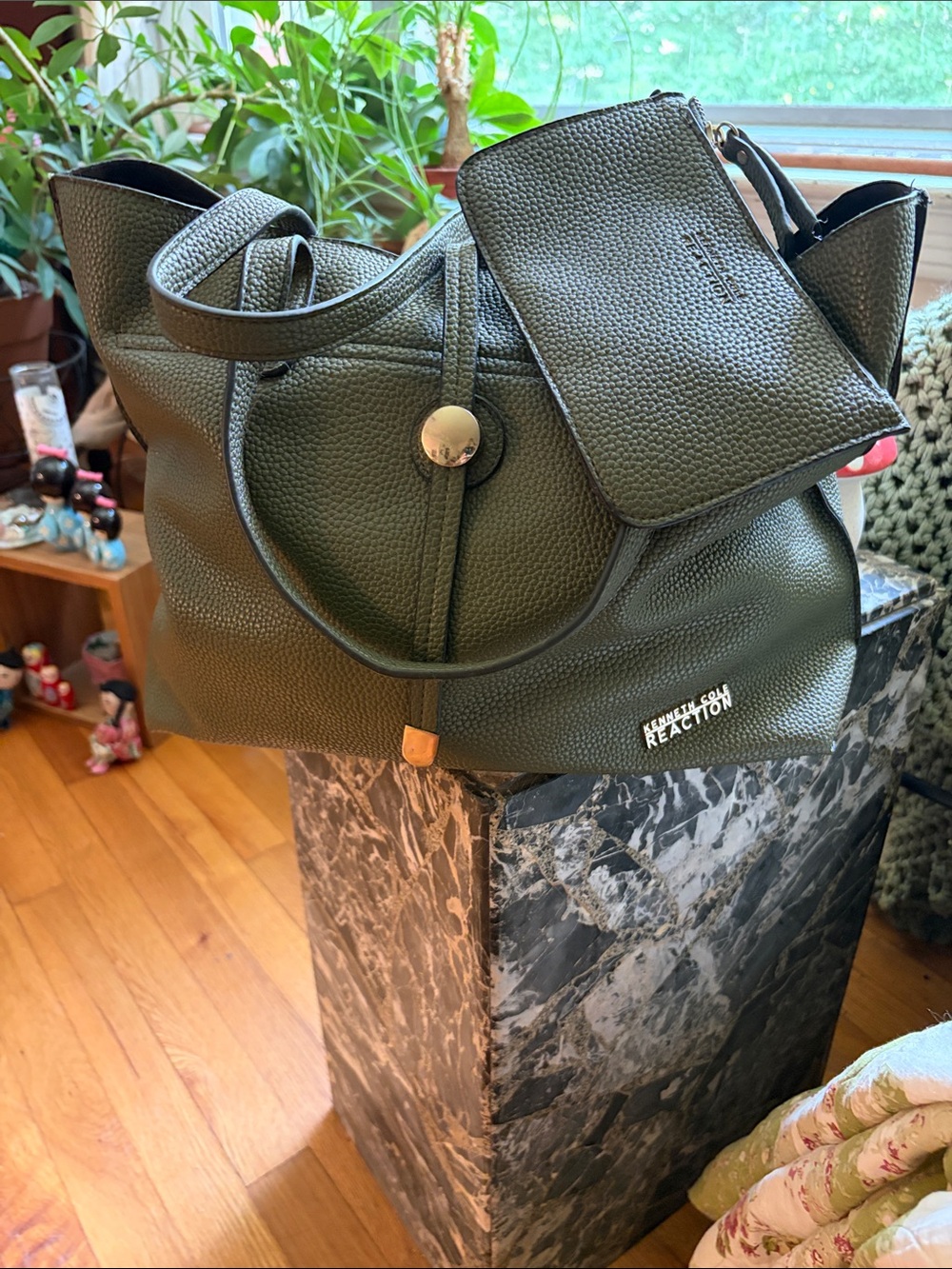 Kenneth Cole Reaction Olive Green Pebbled Tote with Matching Wristlet